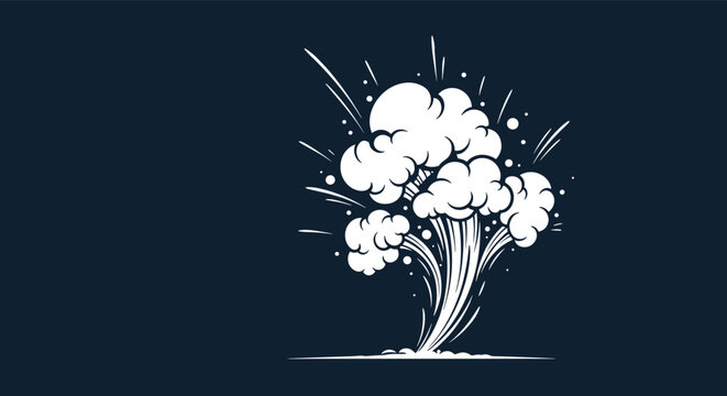 Stylized white comic book explosion cloud bursts against a dark navy blue background, representing a sudden impact or blast.