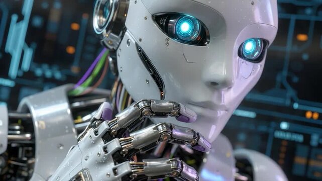 Female android with glowing eyes gesturing for silence, a concept of artificial intelligence privacy and future technology