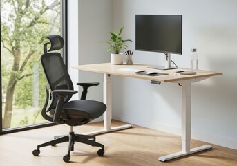 Fototapeta premium Modern Home Office Setup with Ergonomic Mesh Chair and Height Adjustab