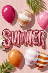 Naklejka premium Summer celebration with pink mylar balloons, striped latex balloons and tropical palm leaves on wallpaper