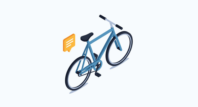 Modern blue bicycle shown in an isometric view with a yellow speech bubble icon floating beside it on a light gray background.