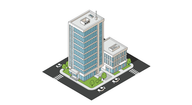 Isometric view of a contemporary glass office building located at a city street corner with small white cars and green trees.