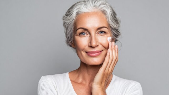 Smiling senior woman applying face cream, skincare and beauty concept