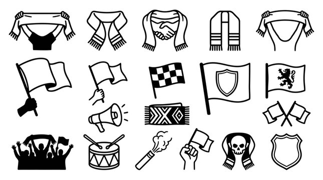 Comprehensive Sports Fan and Protest Line Icons Collection, Event Supporters and Competition Symbols on Isolated White Background