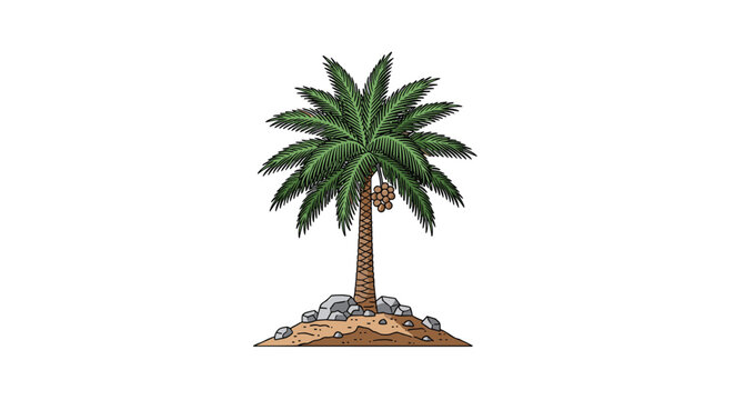 Single date palm tree with a cluster of brown dates growing on a small rocky island surrounded by white space in a line art style.