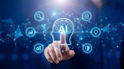 Fototapeta premium Robotic processes automation and data analysis with AI agent and generative artificial intelligence. Businessman touching head and AI icon on application network system.