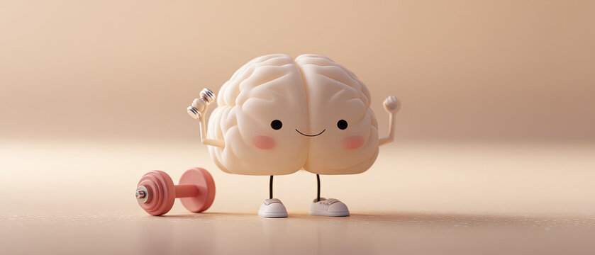 Cute brain character lifting small dumbbells, promoting mental fitness and motivation in a minimalist, soft-colored setting.