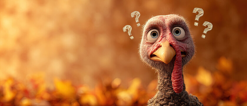 Funny cartoon turkey with wide eyes and question marks, set against a warm autumn background with orange leaves, perfect for Thanksgiving themes.