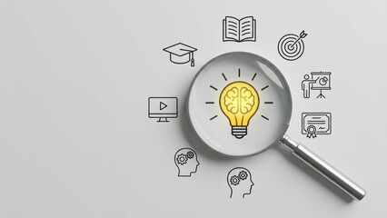 Naklejka na ściany i meble Concept of education and knowledge discovery with a magnifying glass focusing on a creative lightbulb idea.