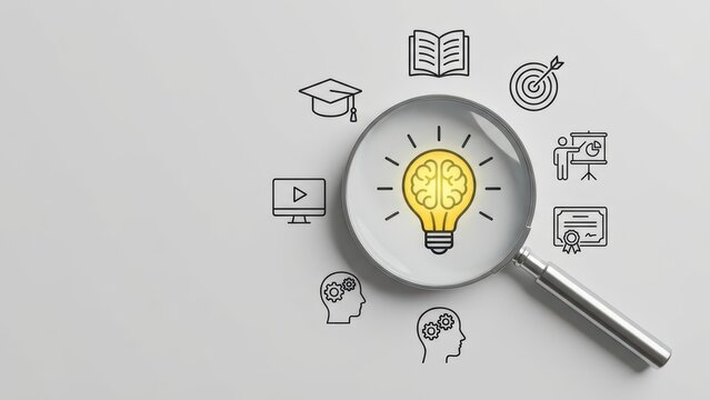Concept of education and knowledge discovery with a magnifying glass focusing on a creative lightbulb idea.