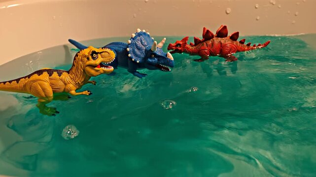 Dinosaur toys in bath water with running blue dye