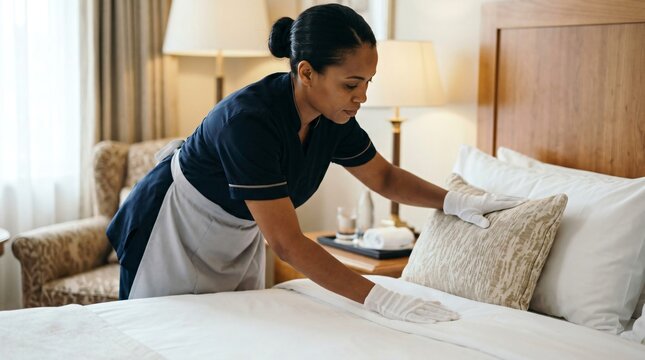 Housekeeper making bed in hotel room. African american woman worker with glove cleaning bedroom. Hospitality service industry, professional room maintenance and housekeeping staff concept.