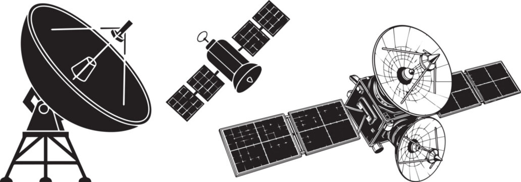 Satellite communication and space technology vector illustration with radio telescope, orbiting satellites and antenna systems for global telecommunication concept