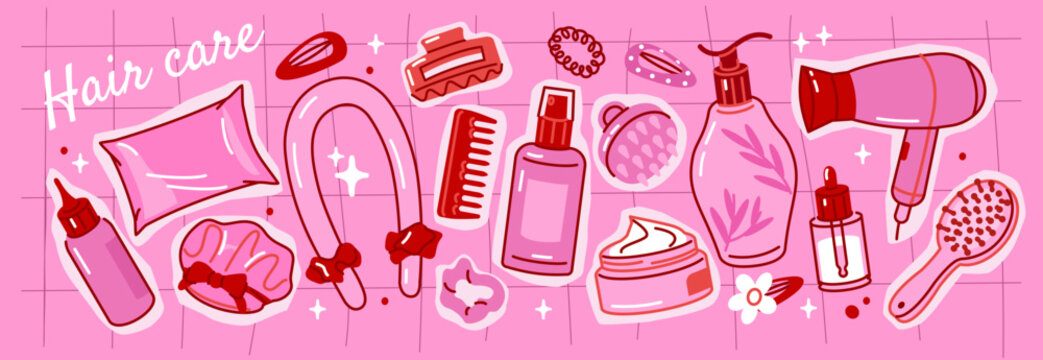 Hair care treatment products and beauty hand drawn stickers set. Rosemary shampoo, scalp peeling, heatless curler, brush, clips and accessories collage collection. Vector doodle illustration.