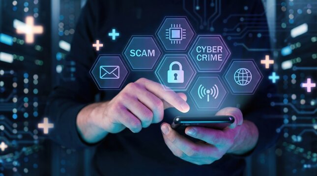 A person using a smartphone to manage cybersecurity and protect against online scams and digital crime.