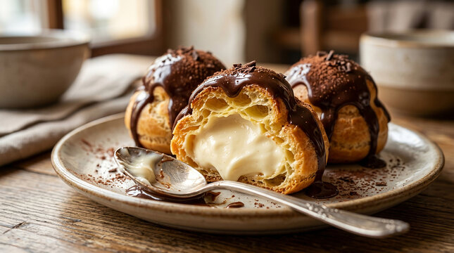 Golden-baked cream puffs, generously filled with smooth vanilla pastry cream and topped with rich chocolate sauce, a delightful and tempting sweet dessert served on a rustic plate
