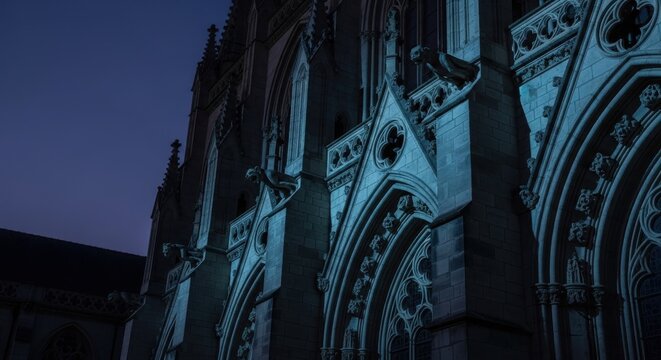 Majestic Gothic stone facade illuminated by subtle cool blue uplight at dusk