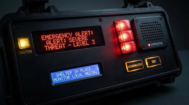 Emergency alert system displays critical threat level and shelter in place instructions with flashing red lights