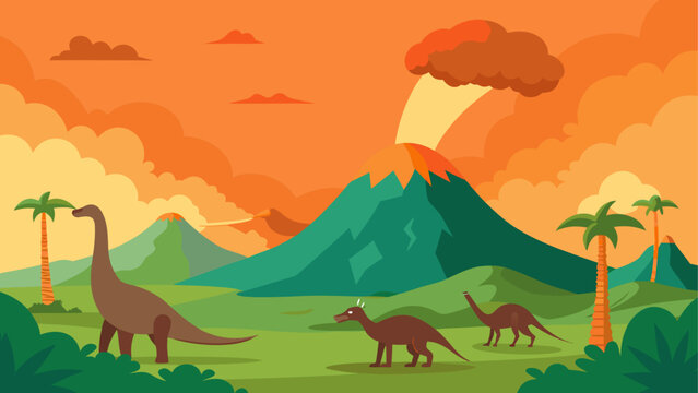 Dinosaurs walking near volcano with stormy sky