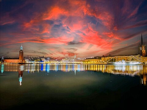 Building on the north shore of S&ouml;dermalm, an island belonging to Stockholm in Sweden at Sunset in the night
