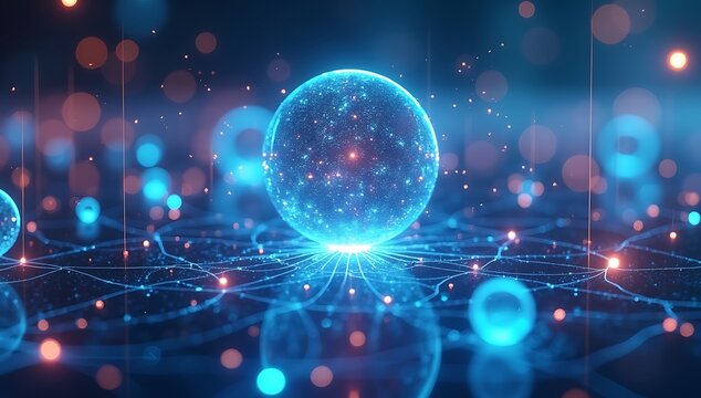 Abstract Digital Sphere with Glowing Energy and Bokeh Effect.