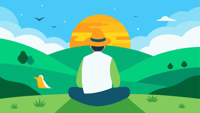 Person meditating on a green hill under sunset