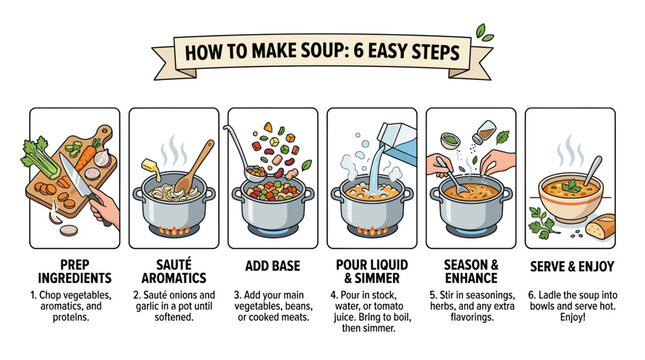 An illustrated infographic shows six easy steps for preparing homemade soup from fresh ingredients in a professional kitchen cooking style