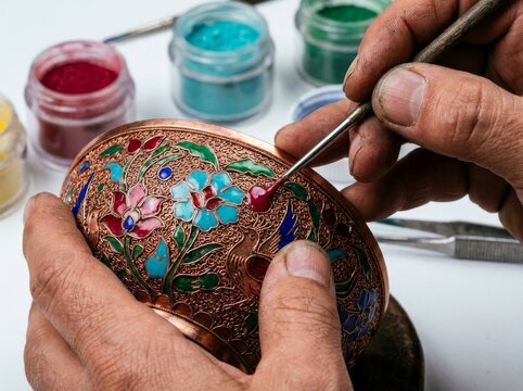 Artisan hands applying enamel to ornate copper bowl