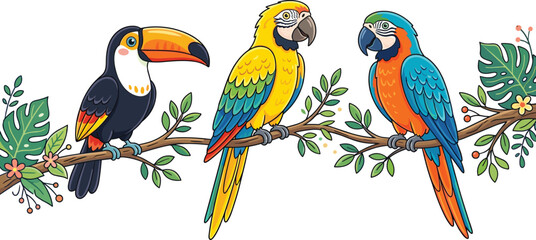 Colorful tropical bird collection featuring toucan and parrots sitting on branches with exotic botanical vector illustration artwork © SreeMoti