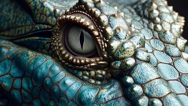 Extreme macro shot of a reptile's eye with a vertical pupil slowly blinking, showcasing the detailed texture of its mesmerizing blue and golden scales and leathery skin in a captivating display