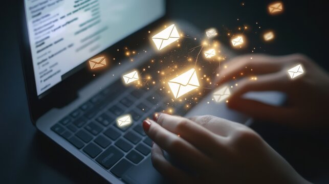 Hands typing on laptop with email icons floating above keyboard