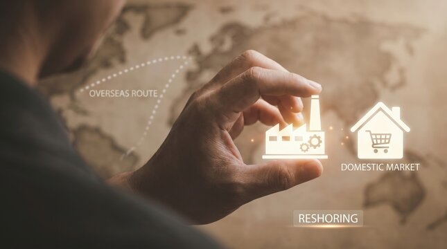 Geoeconomic fragmentation - A hand moves a floating factory icon toward a domestic market icon, with an old overseas route fading in the background labeled "Reshoring".