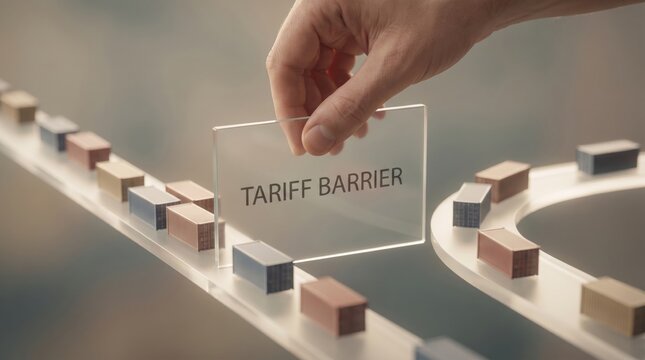 Geoeconomic fragmentation - A close-up of a hand raising a transparent tariff barrier between two cargo routes, with one route slowing and the other rerouting in response.