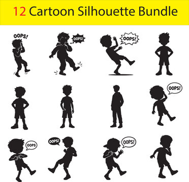 Cartoon silhouette bundle of twelve boys illustrating various actions and oops moments.