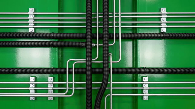 Tubing network crossing corrugated conduits and metal lines on vibrant green industrial background, modern technology infrastructure concept.