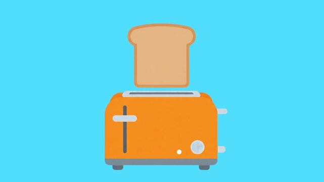 A cheerful 2D vector animation featuring an orange kitchen toaster with a slice of bread rising. Set against a vibrant blue background, this asset is perfectly suited for modern mobile app interfaces,