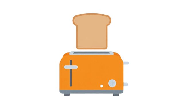 A clean, minimalistic 2D vector animation of a bright orange toaster popping up a slice of golden-brown toasted bread. This playful asset is ideal for food and breakfast-themed commercials, culinary b