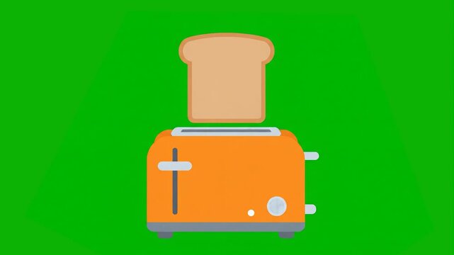 A bright orange 2D animated toaster with a slice of golden brown toast popping out of the top. Set against a green chroma key background for easy integration into breakfast-themed videos or kitchen ap