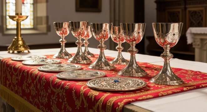 Gleaming silver chalices and ornate patens set on a richly decorated altar cloth for a religious ceremony