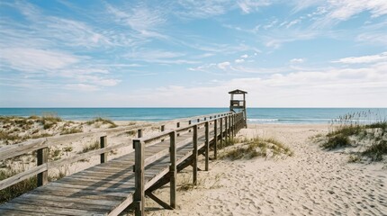 Fototapeta premium Scenic Beach with Wooden Pier and Lifeguard Tower