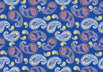 Naklejka premium Elegant seamless paisley pattern featuring intricate ornamental motifs in blue, silver, purple, and yellow tones on a rich royal blue background. Decorative ethnic-inspired textile design with vintage