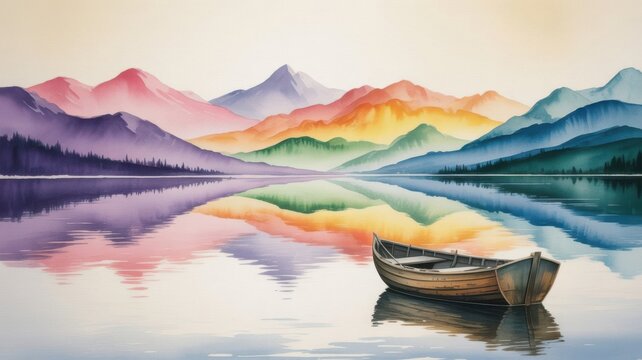Small boat floating on calm lake with mountain reflection at sunset