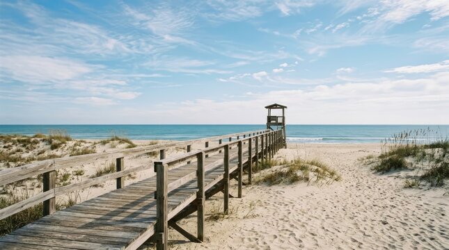 Scenic Beach with Wooden Pier and Lifeguard Tower