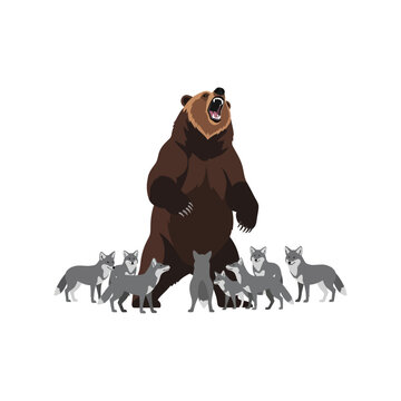 Primal wilderness standoff A roaring brown bear asserts its dominance against a formidable pack of gray wolves