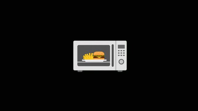 An isolated vector graphic icon of a white tabletop microwave cooker heating up a burger and French fries combo meal behind glass on black.