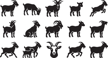 Fototapeta premium Set of black silhouette icons of domestic goats in various poses.