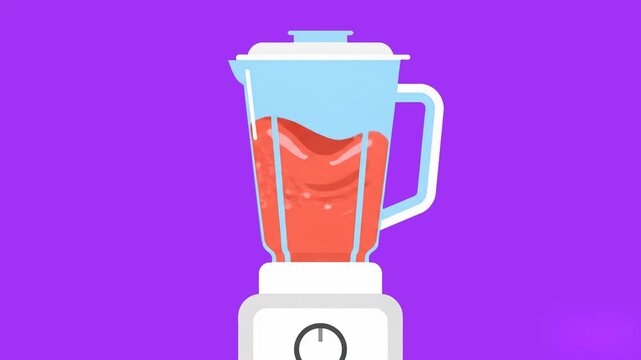 A colorful 2D animated cartoon sequence showing an electric counter blender pulsing and mixing a red liquid mixture inside its pitcher against a solid purple backdrop. Excellent asset for cooking tuto