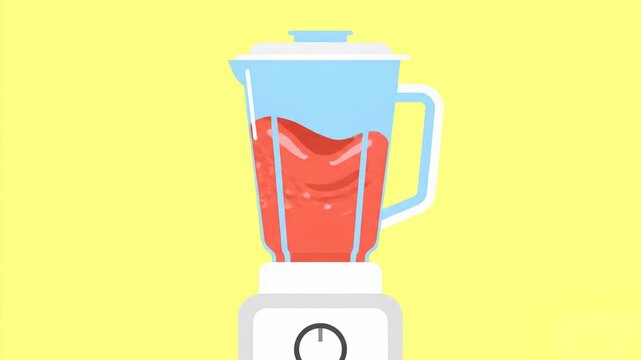 A flat 2D vector graphic animation of a white kitchen blender actively mixing or blending a swirling red liquid, juice, or fruit smoothie against a bright yellow background. Ideal for healthy lifestyl