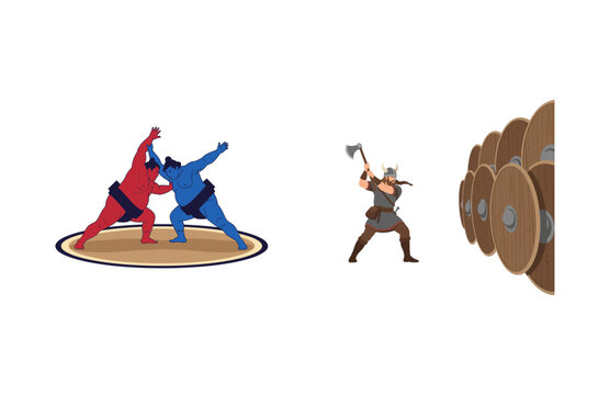 Two Sumo Wrestlers Face Off While Viking Warrior Readies Himself Against A Shield Wall Display