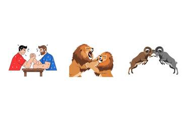 Fototapeta premium Illustrations showcasing various forms of struggle and competition, from intense human arm wrestling contests to fierce battles between wild animals like roaring lions and clashing rams